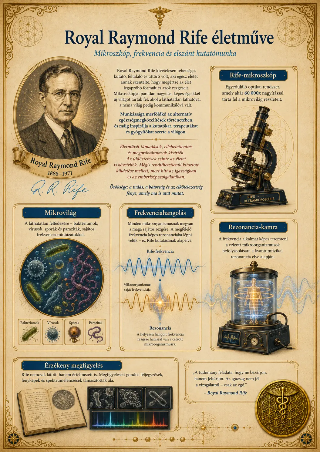 Royal Raymond Rife életművét és frekvenciakutatását bemutató infografika.