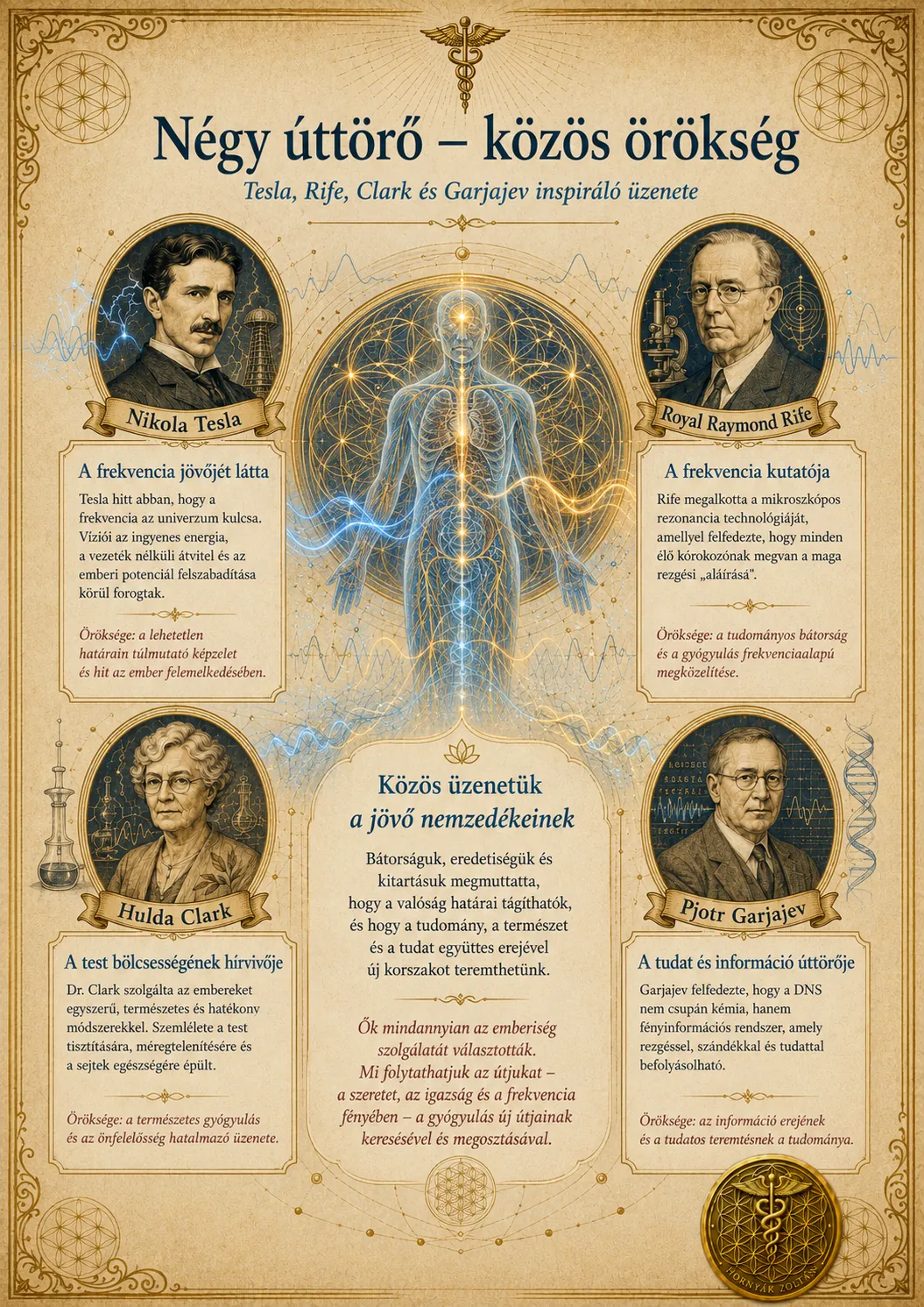 Négy úttörő – közös örökség: Tesla, Rife, Clark és Garjajev infografikája.